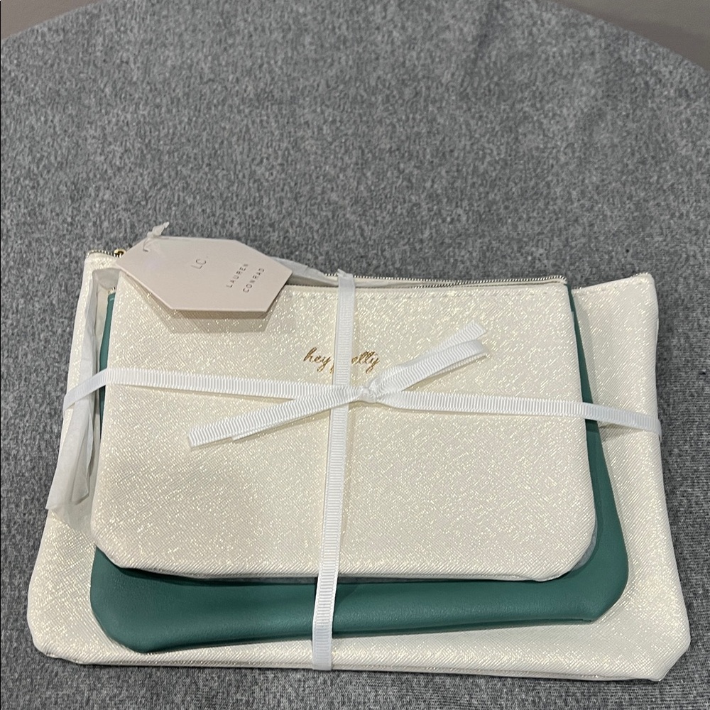 LC Lauren Conrad Cream and Green Cosmetic Bag Set (largest bag is 7x10 inches)